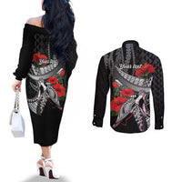 Hawaiian Honu Personalized Couples Matching Off The Shoulder Long Sleeve Dress and Long Sleeve Button Shirt Black Tribal Hook Pattern LT9 - Polynesian Pride