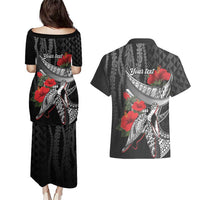 Hawaiian Honu Personalized Couples Matching Puletasi and Hawaiian Shirt Black Tribal Hook Pattern LT9 - Polynesian Pride