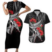 Hawaiian Honu Personalized Couples Matching Short Sleeve Bodycon Dress and Hawaiian Shirt Black Tribal Hook Pattern LT9 Black - Polynesian Pride