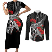 Hawaiian Honu Personalized Couples Matching Short Sleeve Bodycon Dress and Long Sleeve Button Shirt Black Tribal Hook Pattern LT9 Black - Polynesian Pride