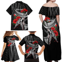 Hawaiian Honu Personalized Family Matching Off Shoulder Maxi Dress and Hawaiian Shirt Black Tribal Hook Pattern LT9 - Polynesian Pride