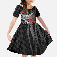 Hawaiian Honu Personalized Family Matching Puletasi and Hawaiian Shirt Black Tribal Hook Pattern LT9 Daughter's Dress Black - Polynesian Pride