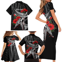 Hawaiian Honu Personalized Family Matching Short Sleeve Bodycon Dress and Hawaiian Shirt Black Tribal Hook Pattern LT9 - Polynesian Pride