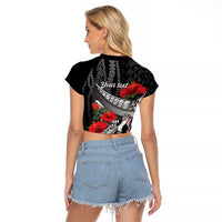 Hawaiian Honu Personalized Raglan Cropped T Shirt Black Tribal Hook Pattern LT9 - Polynesian Pride