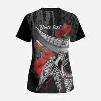 Hawaiian Honu Personalized Scrub Top Black Tribal Hook Pattern LT9 - Polynesian Pride