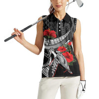 Hawaiian Honu Personalized Women Sleeveless Polo Shirt Black Tribal Hook Pattern LT9 - Polynesian Pride