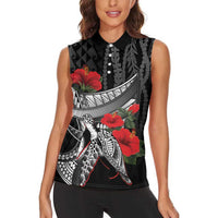 Hawaiian Honu Personalized Women Sleeveless Polo Shirt Black Tribal Hook Pattern LT9 - Polynesian Pride