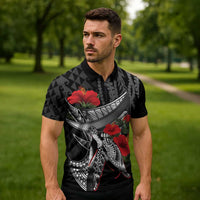 Hawaiian Honu Personalized Zipper Polo Shirt Black Tribal Hook Pattern LT9 - Polynesian Pride
