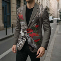 Hawaiian Honu Personalized Blazer Mocha Mousse Hibiscus Tribal Hook Pattern LT9 - Polynesian Pride
