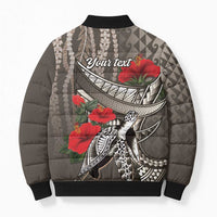 Hawaiian Honu Personalized Bomber Puffer Jacket Mocha Mousse Hibiscus Tribal Hook Pattern LT9 - Polynesian Pride