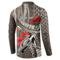 Hawaiian Honu Personalized Button Sweatshirt Mocha Mousse Hibiscus Tribal Hook Pattern LT9 - Polynesian Pride
