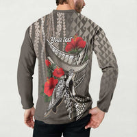 Hawaiian Honu Personalized Button Sweatshirt Mocha Mousse Hibiscus Tribal Hook Pattern LT9 - Polynesian Pride