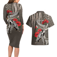 Hawaiian Honu Personalized Couples Matching Long Sleeve Bodycon Dress and Hawaiian Shirt Mocha Mousse Hibiscus Tribal Hook Pattern LT9 - Polynesian Pride
