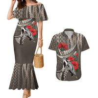 Hawaiian Honu Personalized Couples Matching Mermaid Dress and Hawaiian Shirt Mocha Mousse Hibiscus Tribal Hook Pattern LT9 Mocha - Polynesian Pride