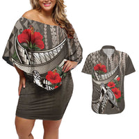 Hawaiian Honu Personalized Couples Matching Off Shoulder Short Dress and Hawaiian Shirt Mocha Mousse Hibiscus Tribal Hook Pattern LT9 Mocha - Polynesian Pride