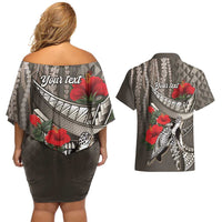Hawaiian Honu Personalized Couples Matching Off Shoulder Short Dress and Hawaiian Shirt Mocha Mousse Hibiscus Tribal Hook Pattern LT9 - Polynesian Pride