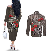 Hawaiian Honu Personalized Couples Matching Off The Shoulder Long Sleeve Dress and Long Sleeve Button Shirt Mocha Mousse Hibiscus Tribal Hook Pattern LT9 - Polynesian Pride
