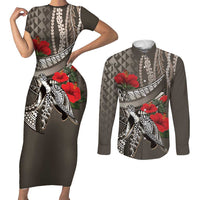 Hawaiian Honu Personalized Couples Matching Short Sleeve Bodycon Dress and Long Sleeve Button Shirt Mocha Mousse Hibiscus Tribal Hook Pattern LT9 Mocha - Polynesian Pride