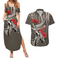 Hawaiian Honu Personalized Couples Matching Summer Maxi Dress and Hawaiian Shirt Mocha Mousse Hibiscus Tribal Hook Pattern LT9 Mocha - Polynesian Pride