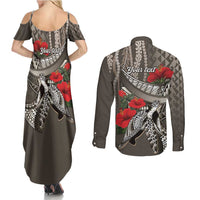 Hawaiian Honu Personalized Couples Matching Summer Maxi Dress and Long Sleeve Button Shirt Mocha Mousse Hibiscus Tribal Hook Pattern LT9 - Polynesian Pride