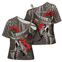 Hawaiian Honu Personalized Cross Shoulder Shirt Mocha Mousse Hibiscus Tribal Hook Pattern LT9 - Polynesian Pride