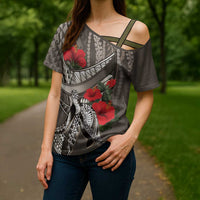 Hawaiian Honu Personalized Cross Shoulder Shirt Mocha Mousse Hibiscus Tribal Hook Pattern LT9 - Polynesian Pride