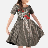 Hawaiian Honu Personalized Family Matching Short Sleeve Bodycon Dress and Hawaiian Shirt Mocha Mousse Hibiscus Tribal Hook Pattern