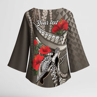 Hawaiian Honu Personalized Kimono Sleeve Blouse Mocha Mousse Hibiscus Tribal Hook Pattern LT9 - Polynesian Pride