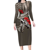 Hawaiian Honu Personalized Long Sleeve Bodycon Dress Mocha Mousse Hibiscus Tribal Hook Pattern LT9 Long Dress Mocha - Polynesian Pride
