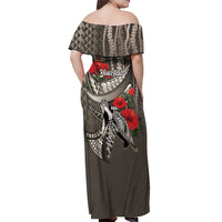 Hawaiian Honu Personalized Off Shoulder Maxi Dress Mocha Mousse Hibiscus Tribal Hook Pattern LT9 - Polynesian Pride