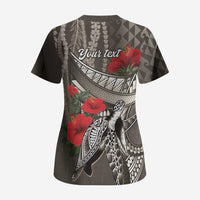 Hawaiian Honu Personalized Scrub Top Mocha Mousse Hibiscus Tribal Hook Pattern LT9 - Polynesian Pride