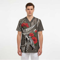 Hawaiian Honu Personalized Scrub Top Mocha Mousse Hibiscus Tribal Hook Pattern LT9 - Polynesian Pride
