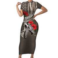 Hawaiian Honu Personalized Short Sleeve Bodycon Dress Mocha Mousse Hibiscus Tribal Hook Pattern LT9 Long Dress Mocha - Polynesian Pride