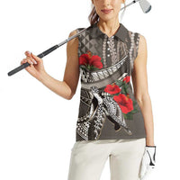Hawaiian Honu Personalized Women Sleeveless Polo Shirt Mocha Mousse Hibiscus Tribal Hook Pattern LT9 - Polynesian Pride