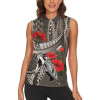 Hawaiian Honu Personalized Women Sleeveless Polo Shirt Mocha Mousse Hibiscus Tribal Hook Pattern LT9 - Polynesian Pride
