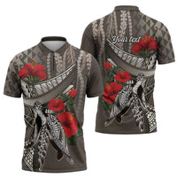 Hawaiian Honu Personalized Zipper Polo Shirt Mocha Mousse Hibiscus Tribal Hook Pattern LT9 - Polynesian Pride