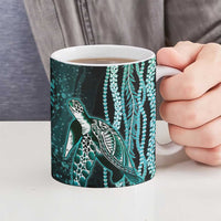 Hawaiian Honu Personalized Ceramic Mug Dark Cyan Maile Pikake Flower Lei Inspired LT9 - Polynesian Pride