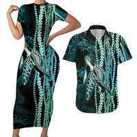 Hawaiian Honu Personalized Couples Matching Short Sleeve Bodycon Dress and Hawaiian Shirt Dark Cyan Maile Pikake Flower Lei Inspired
