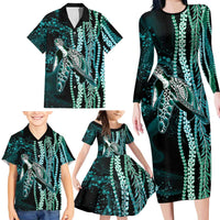 Hawaiian Honu Personalized Family Matching Long Sleeve Bodycon Dress and Hawaiian Shirt Dark Cyan Maile Pikake Flower Lei Inspired