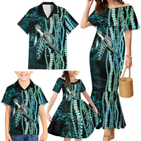 Hawaiian Honu Personalized Family Matching Mermaid Dress and Hawaiian Shirt Dark Cyan Maile Pikake Flower Lei Inspired