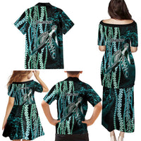 Hawaiian Honu Personalized Family Matching Puletasi and Hawaiian Shirt Dark Cyan Maile Pikake Flower Lei Inspired