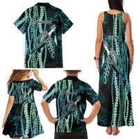 Hawaiian Honu Personalized Family Matching Tank Maxi Dress and Hawaiian Shirt Dark Cyan Maile Pikake Flower Lei Inspired