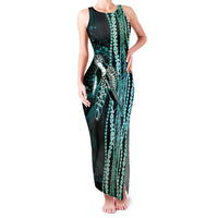 Hawaiian Honu Personalized Family Matching Tank Maxi Dress and Hawaiian Shirt Dark Cyan Maile Pikake Flower Lei Inspired
