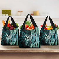 Hawaiian Honu Personalized Grocery Bag Dark Cyan Maile Pikake Flower Lei Inspired LT9 3-pack One Size Cyan - Polynesian Pride