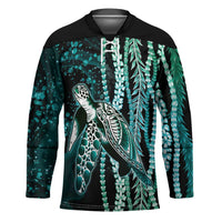 Hawaiian Honu Personalized Hockey Jersey Dark Cyan Maile Pikake Flower Lei Inspired LT9 Unisex Cyan - Polynesian Pride