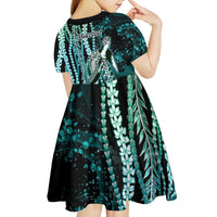 Hawaiian Honu Personalized Kid Short Sleeve Dress Dark Cyan Maile Pikake Flower Lei Inspired LT9 - Polynesian Pride
