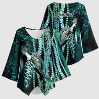Hawaiian Honu Personalized Kimono Sleeve Blouse Dark Cyan Maile Pikake Flower Lei Inspired LT9 - Polynesian Pride