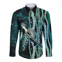 Hawaiian Honu Personalized Long Sleeve Button Shirt Dark Cyan Maile Pikake Flower Lei Inspired LT9 Unisex Cyan - Polynesian Pride