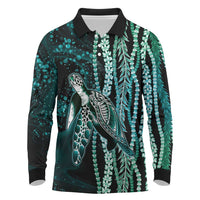 Hawaiian Honu Personalized Long Sleeve Polo Shirt Dark Cyan Maile Pikake Flower Lei Inspired LT9 Cyan - Polynesian Pride