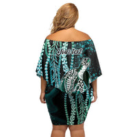 Hawaiian Honu Personalized Off Shoulder Short Dress Dark Cyan Maile Pikake Flower Lei Inspired